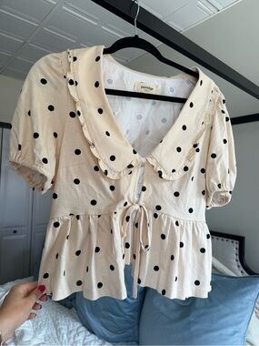 Anthropologie Cream Polka Dot Ruffle Tie-Front Top